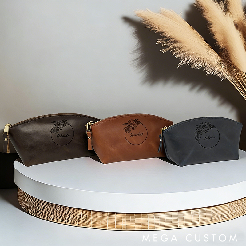 Personalized Leather Makeup Bag Cosmetic Bag Custom Name Cosmetic Pouch and Birth Flower Custom Makeup Bag Gift for Her Cosmetic Bag Gift for Women