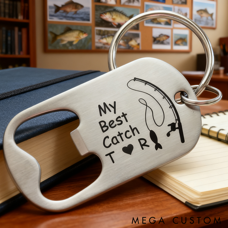 Personalized Fishing Keychain Bottle Opener My Best Catch Design Custom Initials Unique Gift for Anglers Couples and Anniversaries