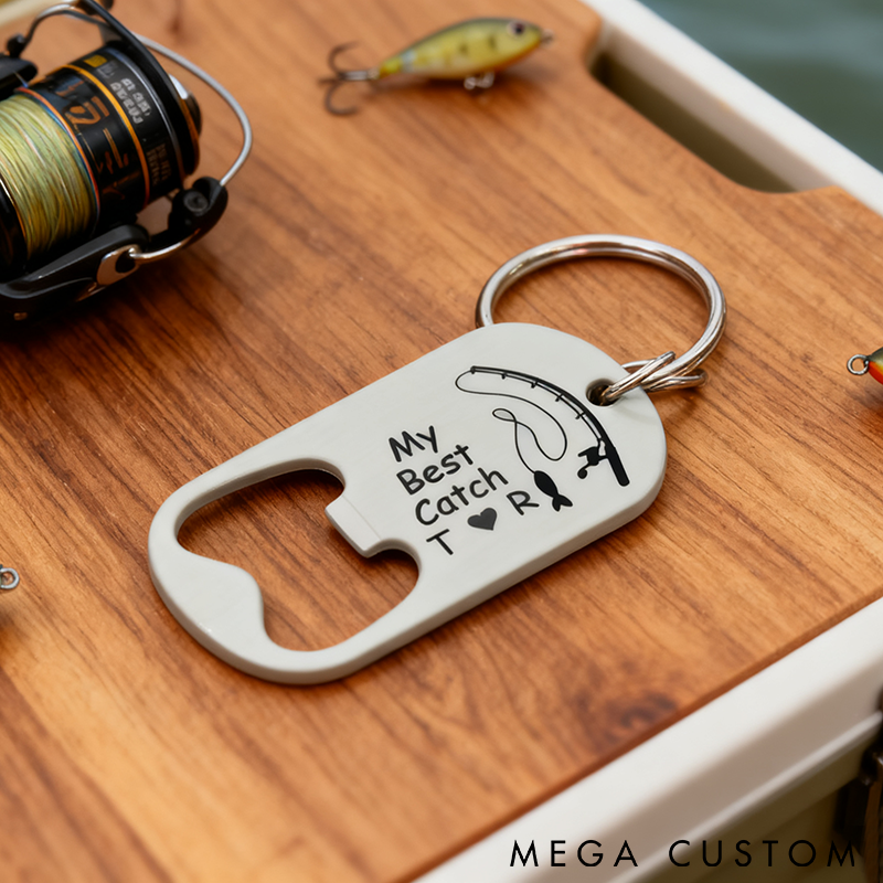 Personalized Fishing Keychain Bottle Opener My Best Catch Design Custom Initials Unique Gift for Anglers Couples and Anniversaries