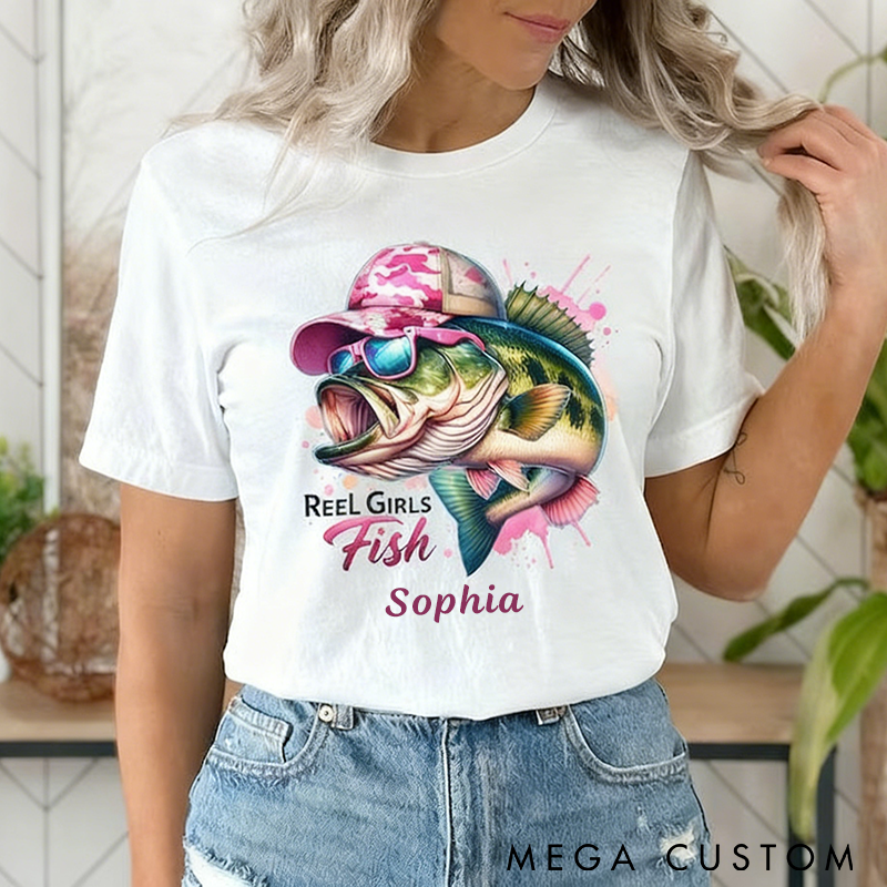 Personalized Fishing T-Shirt Reel Girls Fish T-Shirt Woman Fishing T-Shirt Custom Name Vibrant Fish Design Comfortable and Stylish Perfect Gift for Fishing Enthusiasts