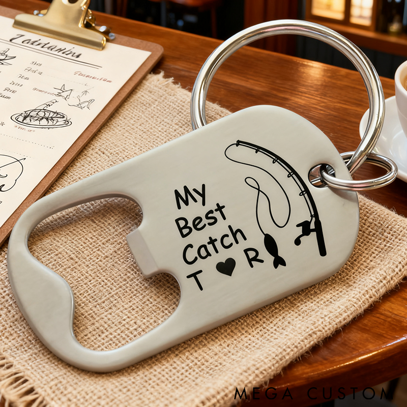 Personalized Fishing Keychain Bottle Opener My Best Catch Design Custom Initials Unique Gift for Anglers Couples and Anniversaries