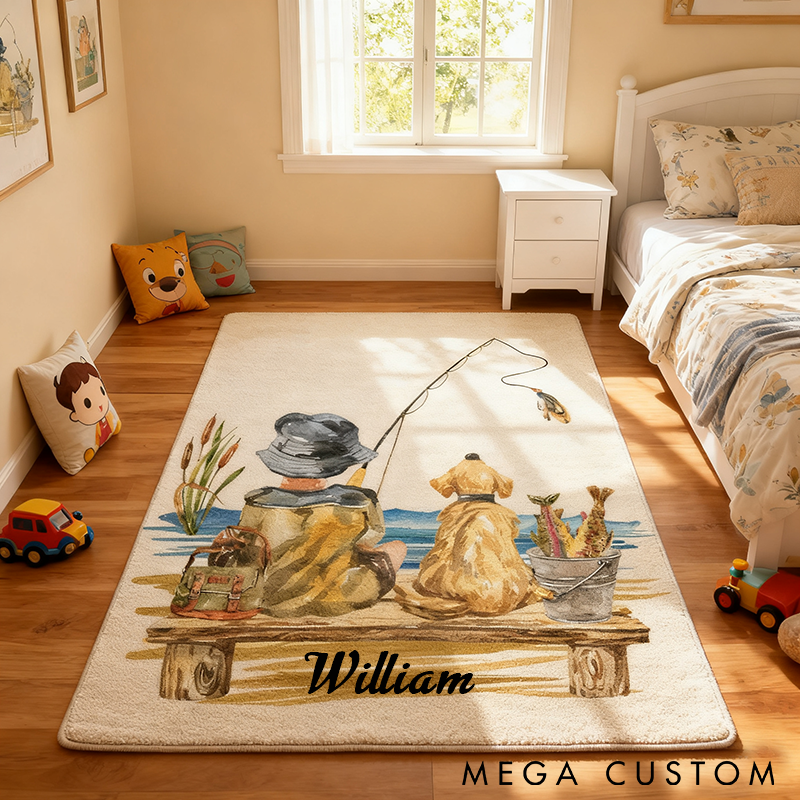Personalized Fishing Rug Cozy Lake Scene with Fisherman and Dog Custom Name Soft and Non-Slip Ideal Gift for Anglers and Home Decor