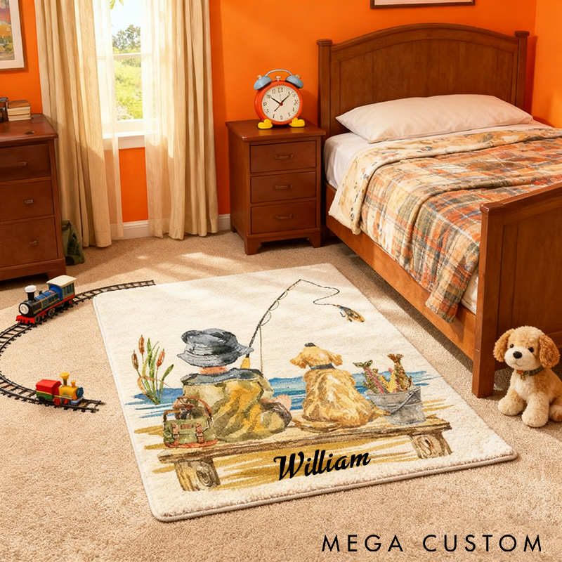 Personalized Fishing Rug Cozy Lake Scene with Fisherman and Dog Custom Name Soft and Non-Slip Ideal Gift for Anglers and Home Decor