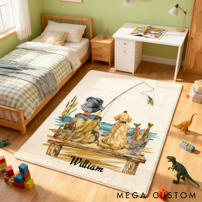 Personalized Fishing Rug Cozy Lake Scene with Fisherman and Dog Custom Name Soft and Non-Slip Ideal Gift for Anglers and Home Decor