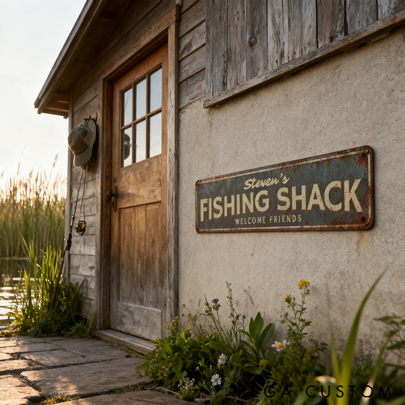 Personalized Fishing Shack Metal Sign Fishing Shack Sign Custom Name Metal Fish Lover Lake House Decor Outdoor Decor for Fishing Enthusiasts