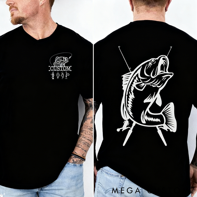  Personalized Fishing T-Shirt Bass Fish and Rod Design Custom Husband Gift Custom Dad Gift Custom Papa Gift Comfortable and Stylish Apparel for Fishing Enthusiasts