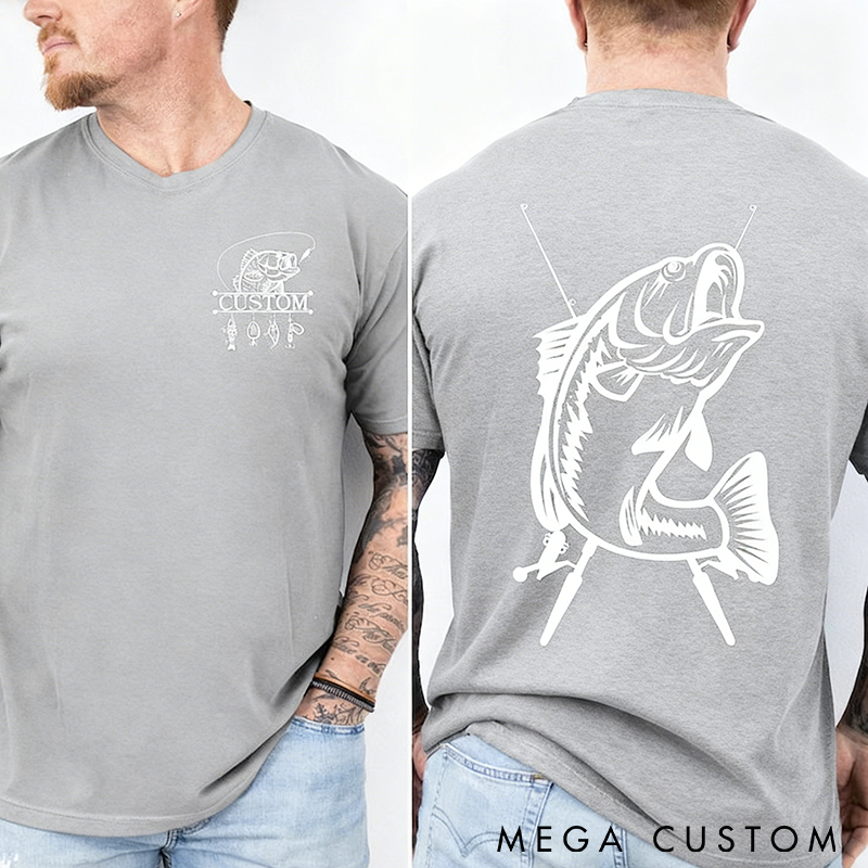  Personalized Fishing T-Shirt Bass Fish and Rod Design Custom Husband Gift Custom Dad Gift Custom Papa Gift Comfortable and Stylish Apparel for Fishing Enthusiasts