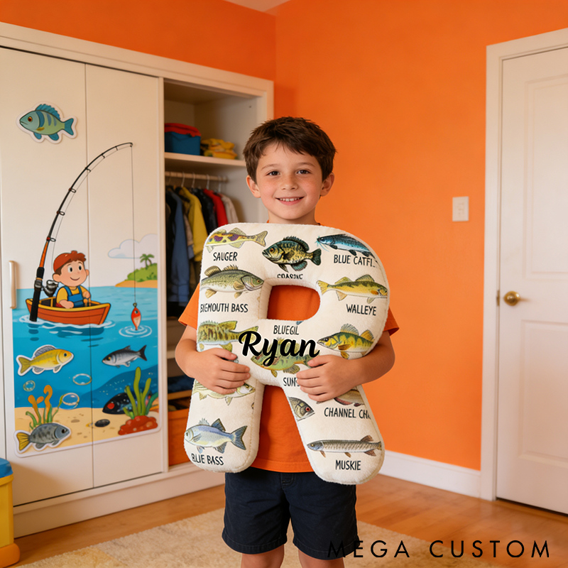 Personalized Fishing Letter Pillow with Fish Species Design Custom Name Cozy Gift for Fishing Lovers Home Decor and Comfort Cushion