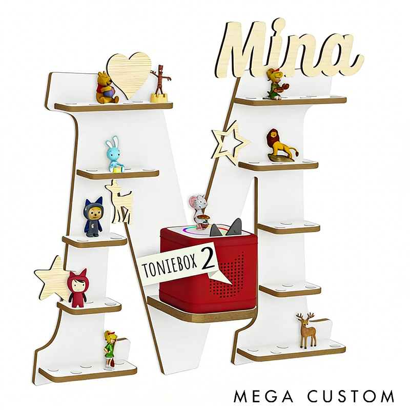 Personalized Letter Shelf for Toniebox Storage Tonie Shelf Wall Shelf for Tonie Figures Custom Name Display Wooden Organizer for Figures Kids' Room Decor with Charging Slot