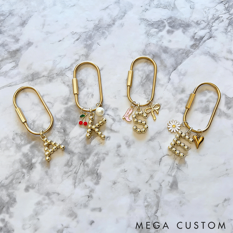 Personalized Gold Letter Keyring with Cute Charms Custom Initial Keychains Initial Bag Charm Gold Heart Keychains Letters Charm Aesthetic Keychains Perfect for Bags Keys or Gift Giving