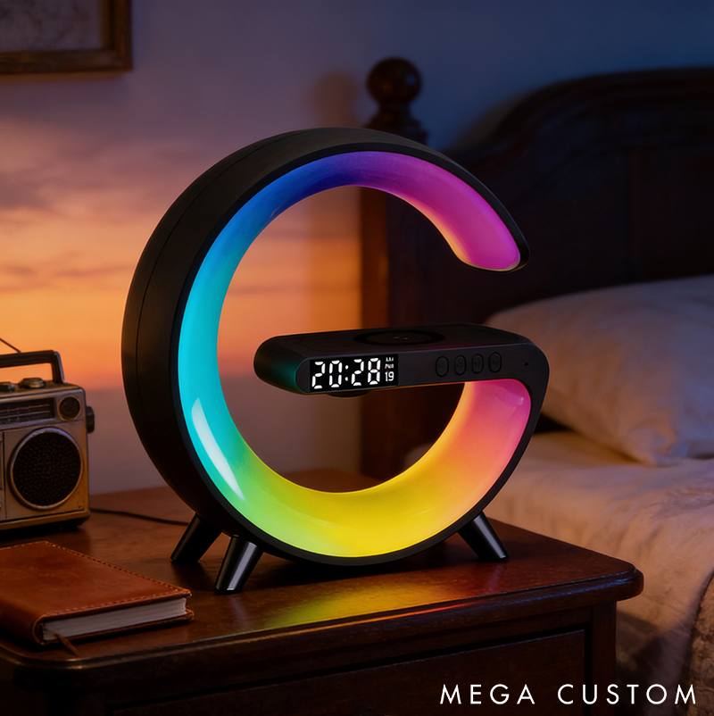 Wireless Speaker with Sunrise Alarm RGB Rhythm Light with Wireless Charging Digital Clock and Alarm Dimmable LED Night Light for Bedroom or Office