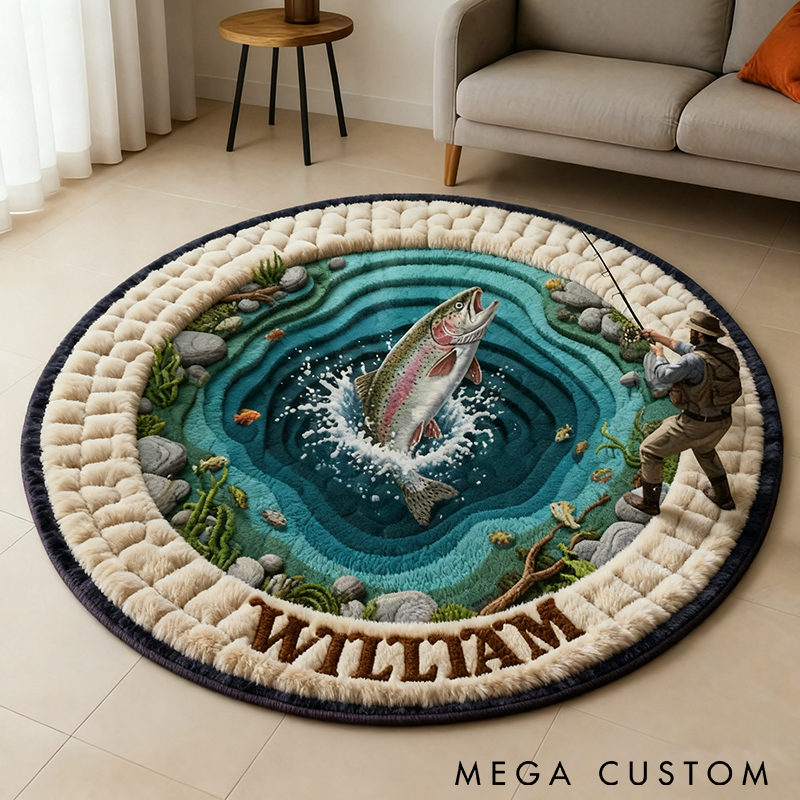 Personalized Fishing Round Rug Custom Name Graphic 3D Print Fish Design Carpet for Fishing Enthusiasts Perfect Home Decor and Unique Gift