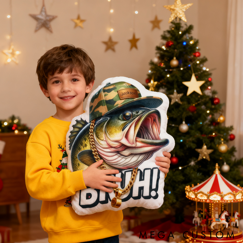 Personalized Fishing Pillow Funny Fishing Pillow Custom Name Funny Fish Design with Camo Hat and Chain Perfect Gift for Kids and Fishing Enthusiasts