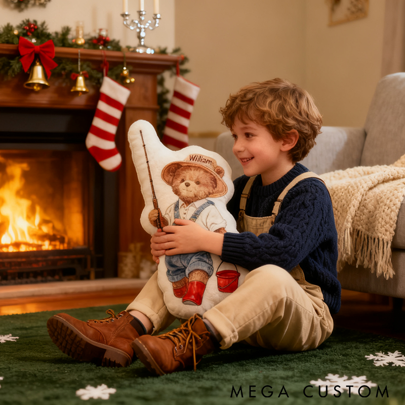 Personalized Fishing Teddy Bear Pillow Funny Fishing Pillow Custom Name Pillow Ideal Gift for Kids and Young Anglers