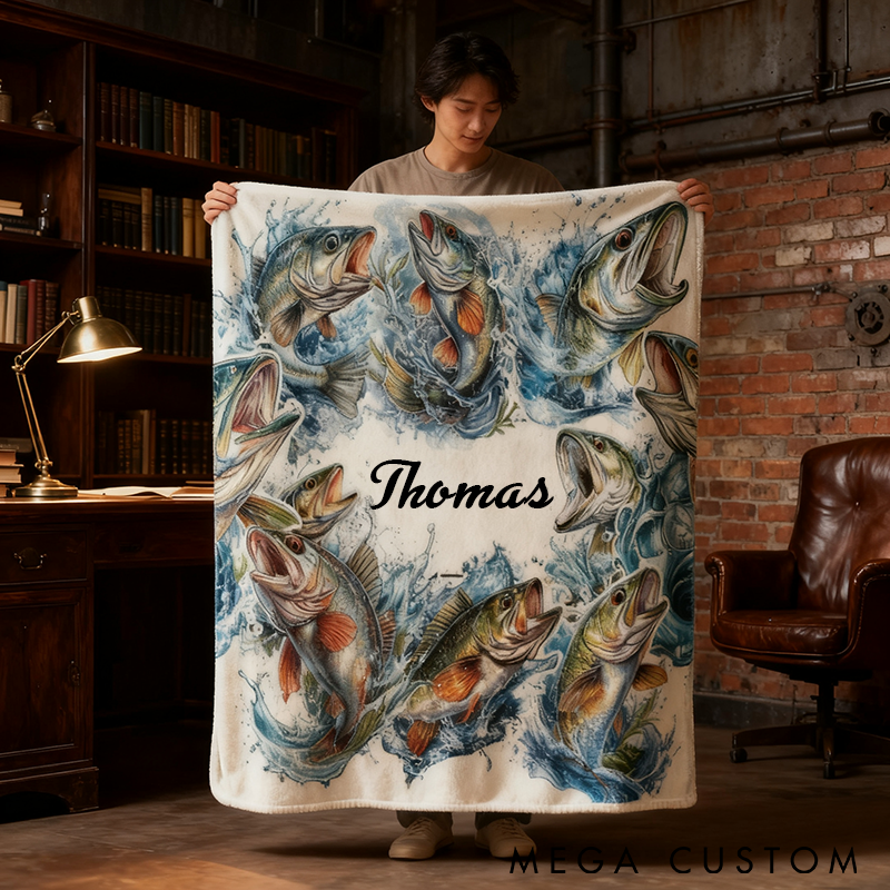 Personalized Fishing Blanket Bass Fish Design Custom Name Soft and Cozy Throw Perfect Gift for Anglers Fishermen and Outdoor Enthusiasts