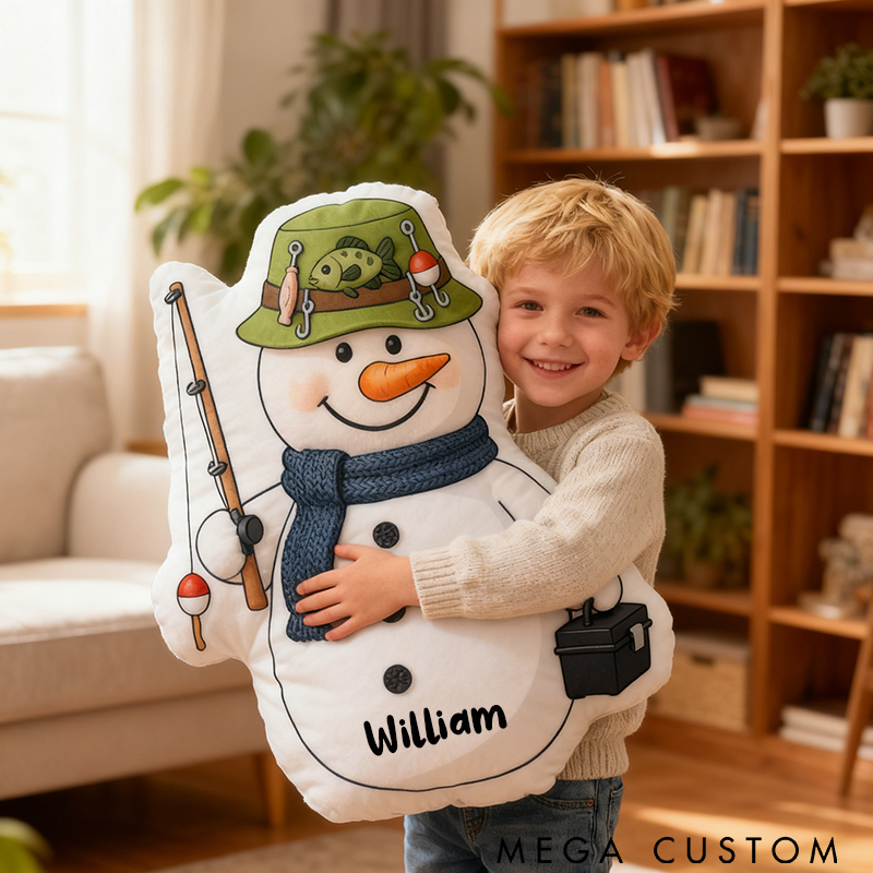 Personalized Fishing Snowman Pillow Funny Fishing Pillow Graphic 3D Print Cute and Soft Gift for Kids and Fishing Lovers Festive Holiday Decor