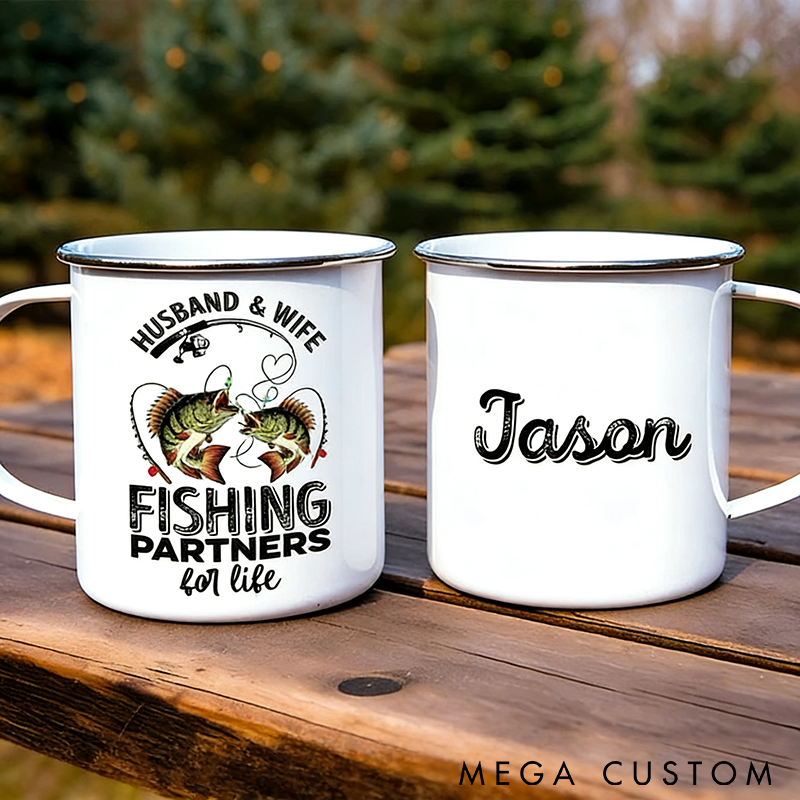 Personalized Fishing Enamel Mug Husband and Wife Fishing Partners for Life Design Custom Name Perfect Gift for Fishing Couples