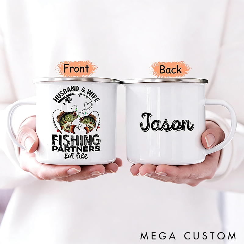 Personalized Fishing Enamel Mug Husband and Wife Fishing Partners for Life Design Custom Name Perfect Gift for Fishing Couples