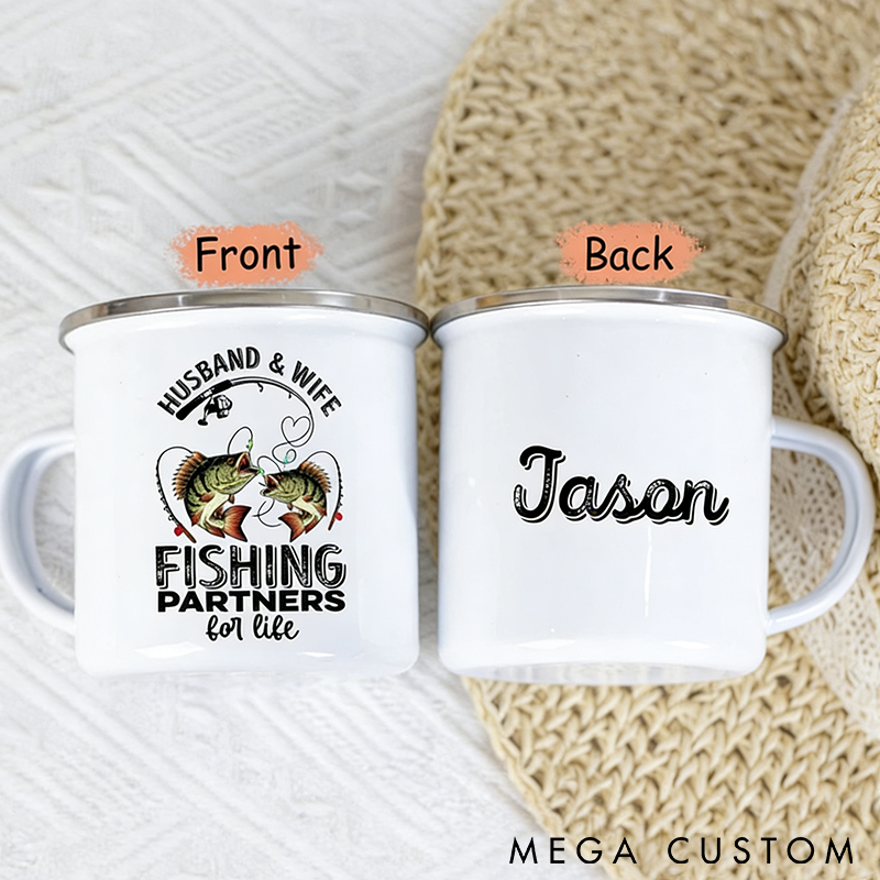 Personalized Fishing Enamel Mug Husband and Wife Fishing Partners for Life Design Custom Name Perfect Gift for Fishing Couples