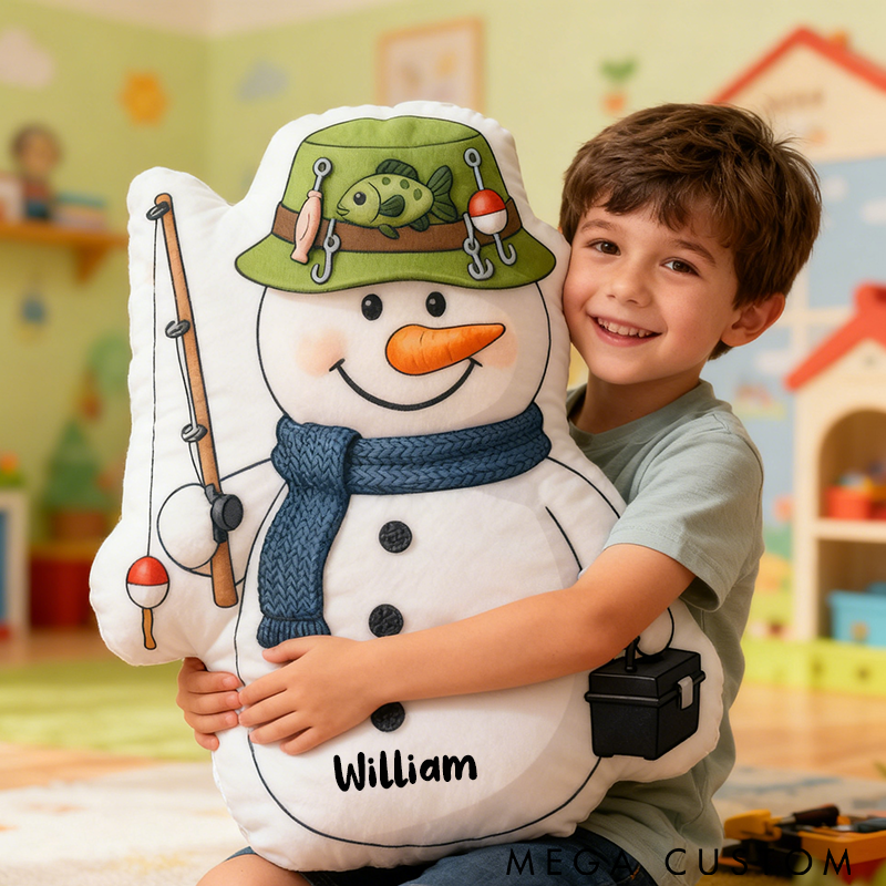 Personalized Fishing Snowman Pillow Funny Fishing Pillow Graphic 3D Print Cute and Soft Gift for Kids and Fishing Lovers Festive Holiday Decor