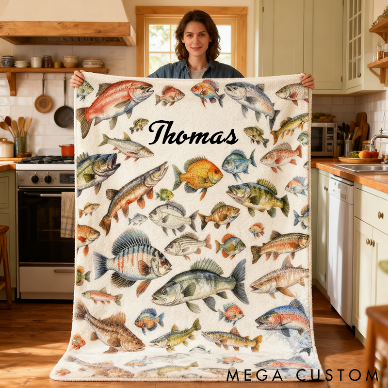 Personalized Fishing Blanket Colorful Fish Design Custom Name Soft and Cozy Throw Perfect Gift for Anglers and Fishermen