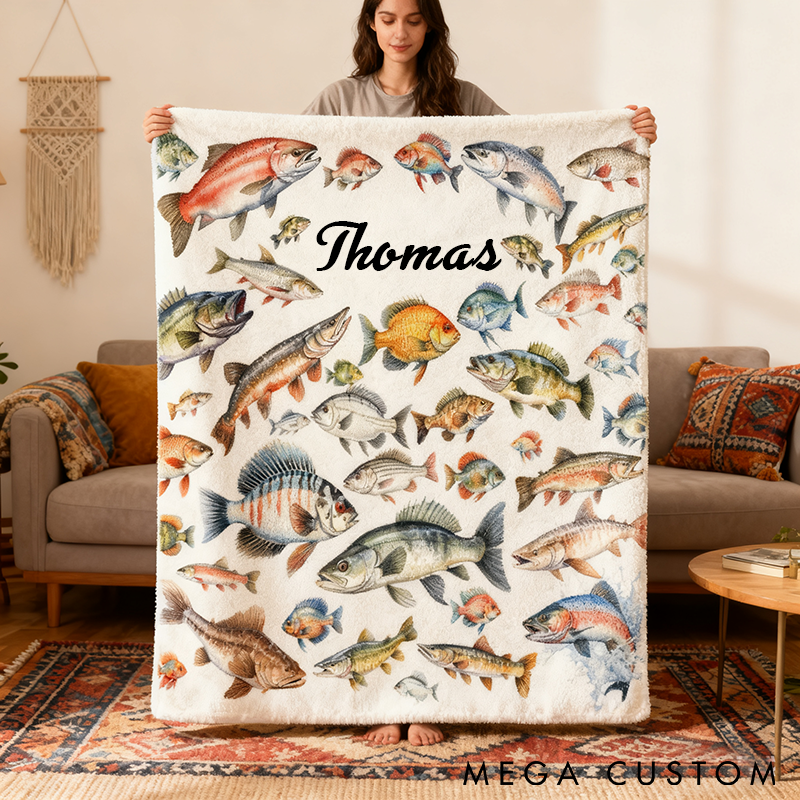 Personalized Fishing Blanket Colorful Fish Design Custom Name Soft and Cozy Throw Perfect Gift for Anglers and Fishermen
