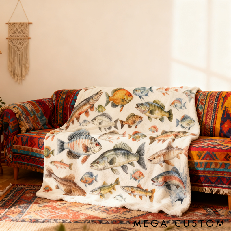 Personalized Fishing Blanket Colorful Fish Design Custom Name Soft and Cozy Throw Perfect Gift for Anglers and Fishermen