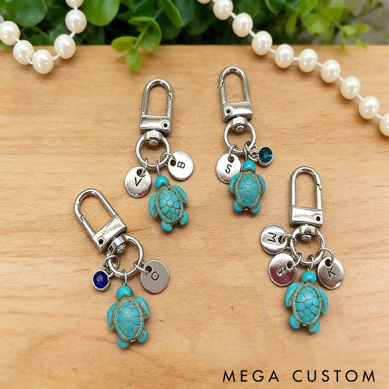 Personalized Turtle Keychain Custom Initial Charms and Birthstone Ocean-Themed Gift for Women Bag Accessory or Unique Keepsake