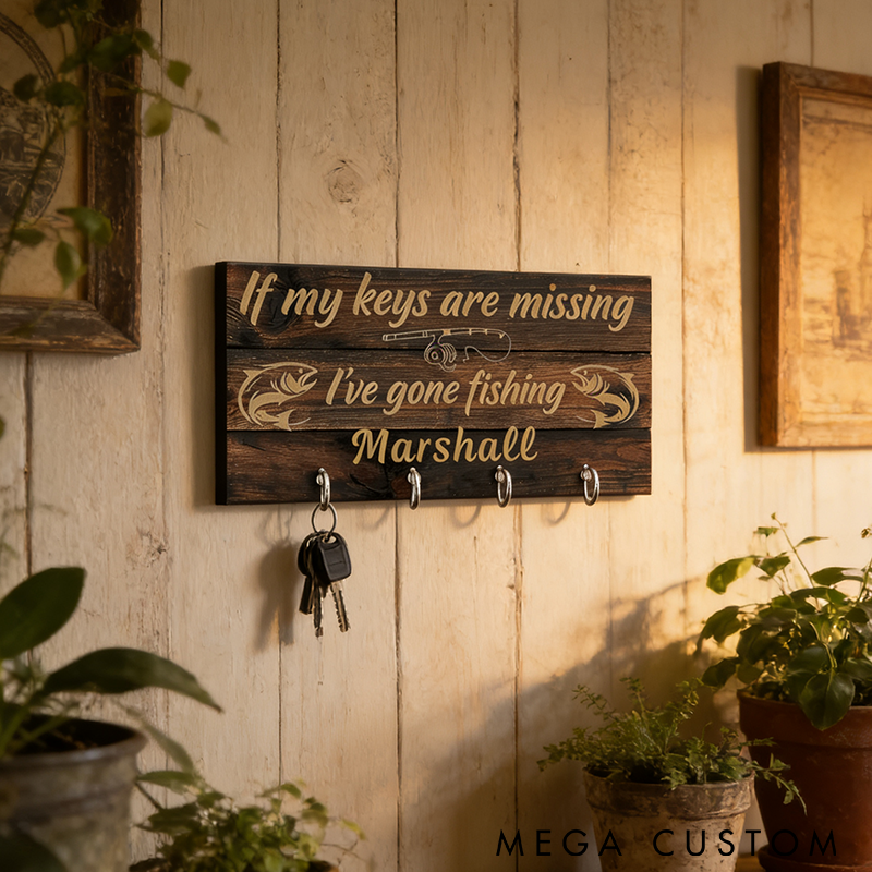 Personalized Fishing Key Holder Rustic Wooden Design Custom Name Perfect for Fishing Lovers Home Decor and Practical Key Organization