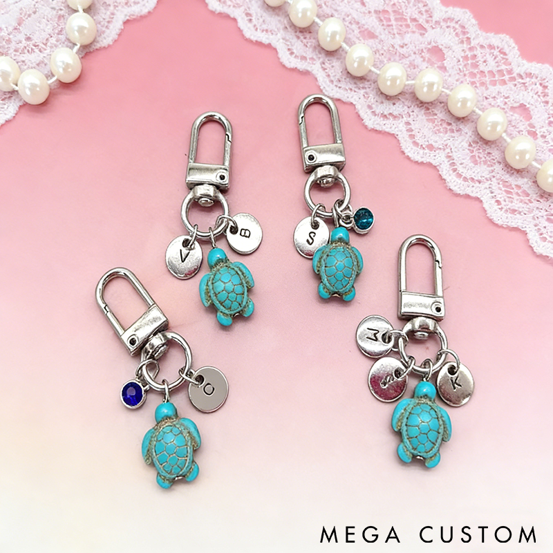 Personalized Turtle Keychain Custom Initial Charms and Birthstone Ocean-Themed Gift for Women Bag Accessory or Unique Keepsake