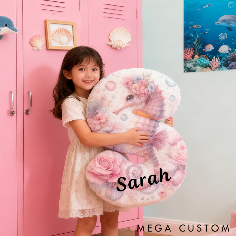 Personalized Seahorse Letter Pillow Ocean Themed Design with Floral Details Custom Name Graphic 3D Print Perfect for Fishing Lovers and Coastal Home Decor