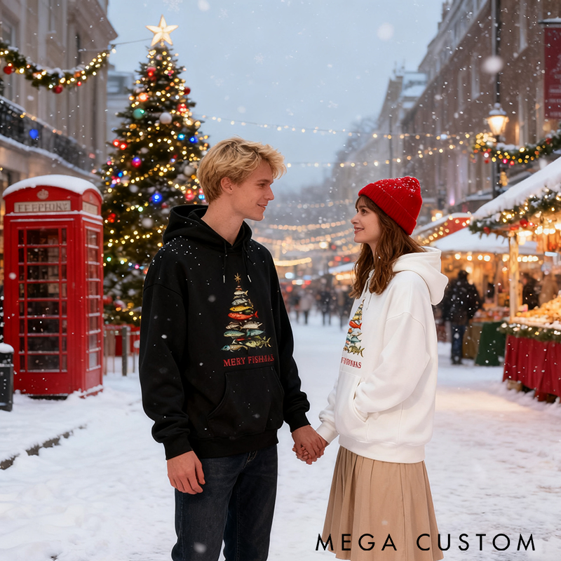 Personalized Funny Fishing Hoodie Fishing Christmas Tree Sweatshirt Festive Fish Tree Hoodie Warm Holiday Apparel for Fishing Lovers