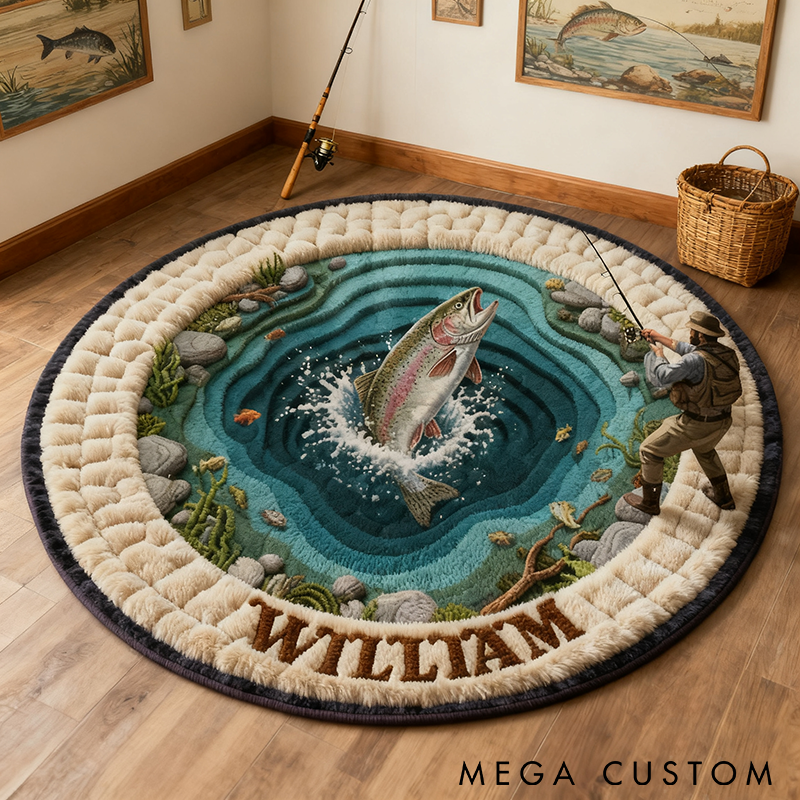 Personalized Fishing Round Rug Custom Name Graphic 3D Print Fish Design Carpet for Fishing Enthusiasts Perfect Home Decor and Unique Gift