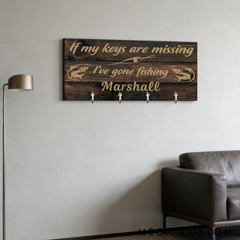 Personalized Fishing Key Holder Rustic Wooden Design Custom Name Perfect for Fishing Lovers Home Decor and Practical Key Organization