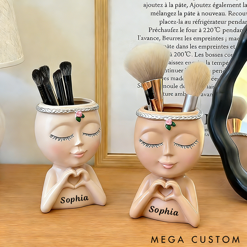 Personalized Makeup Brush Holder Unique Resin Face Design Custom Name Stylish and Functional Organizer for Vanity or Gifts