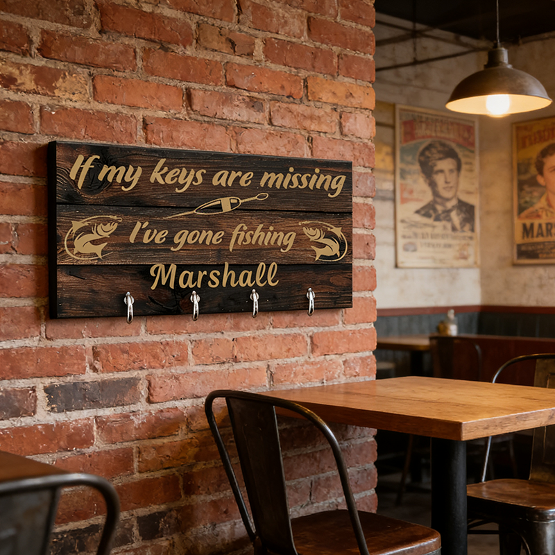 Personalized Fishing Key Holder Rustic Wooden Design Custom Name Perfect for Fishing Lovers Home Decor and Practical Key Organization