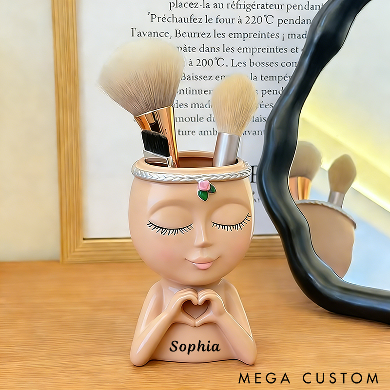 Personalized Makeup Brush Holder Unique Resin Face Design Custom Name Stylish and Functional Organizer for Vanity or Gifts