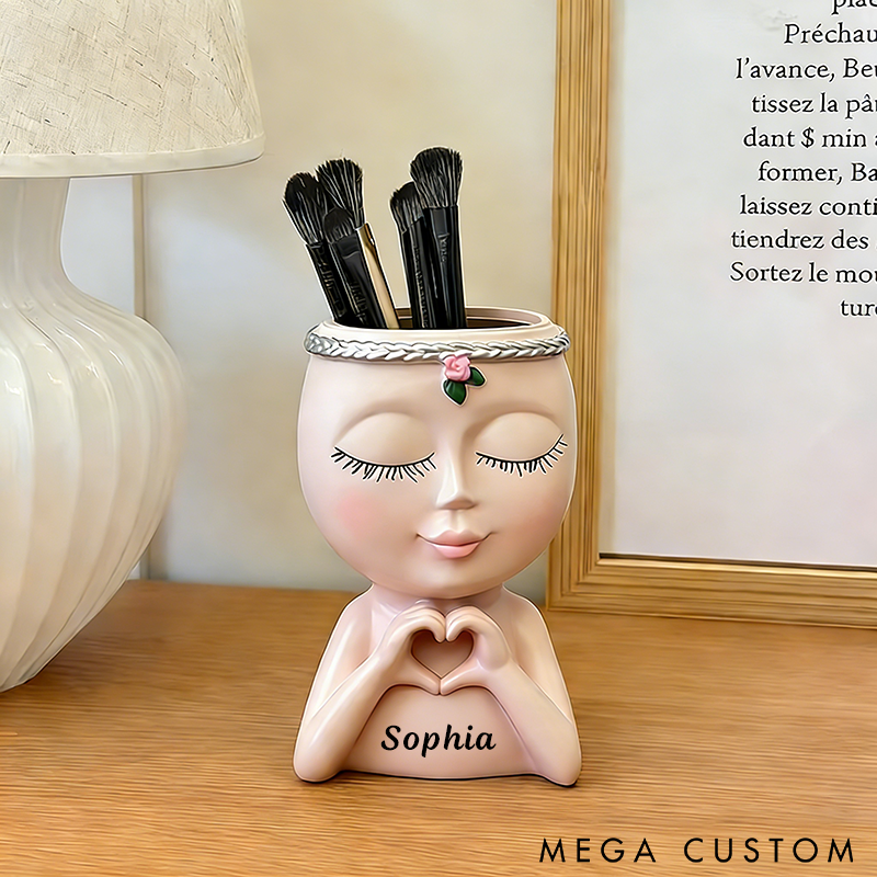 Personalized Makeup Brush Holder Unique Resin Face Design Custom Name Stylish and Functional Organizer for Vanity or Gifts