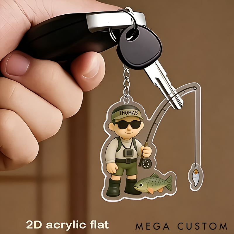 Personalized Fishing Keychain 2D Acrylic Design Custom Name Unique Gift for Anglers Fishermen and Outdoor Enthusiasts