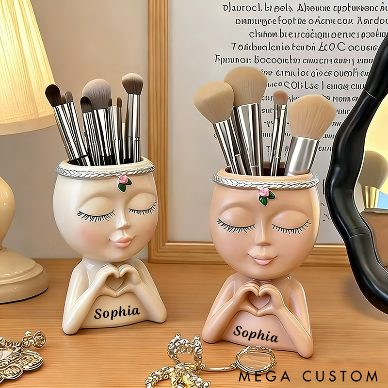 Personalized Makeup Brush Holder Unique Resin Face Design Custom Name Stylish and Functional Organizer for Vanity or Gifts