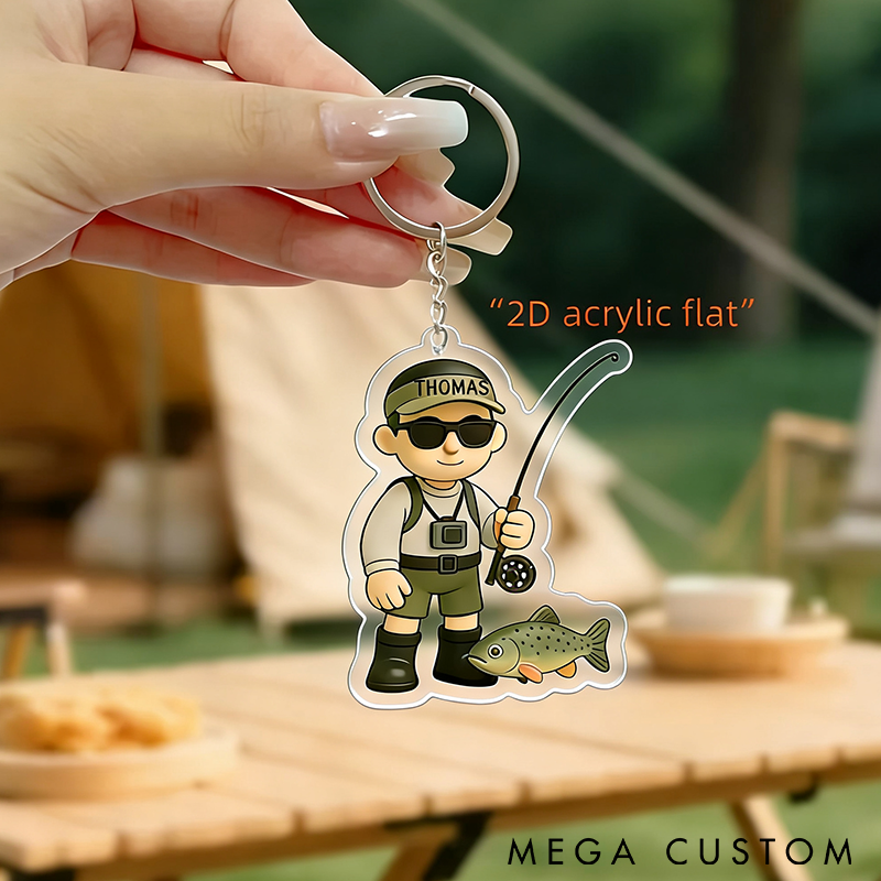 Personalized Fishing Keychain 2D Acrylic Design Custom Name Unique Gift for Anglers Fishermen and Outdoor Enthusiasts