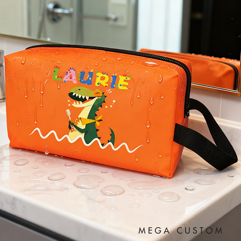 Personalized Fun Cartoon Dinosaur Brushing Teeth Print Toiletry Bag Custom Name for Kids Travel Gifts and Daily Use