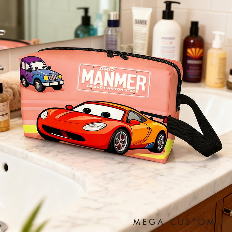 Personalized Cartoon Car Toiletry Bag with Custom Name Gift for Kids Cartoon Collectors