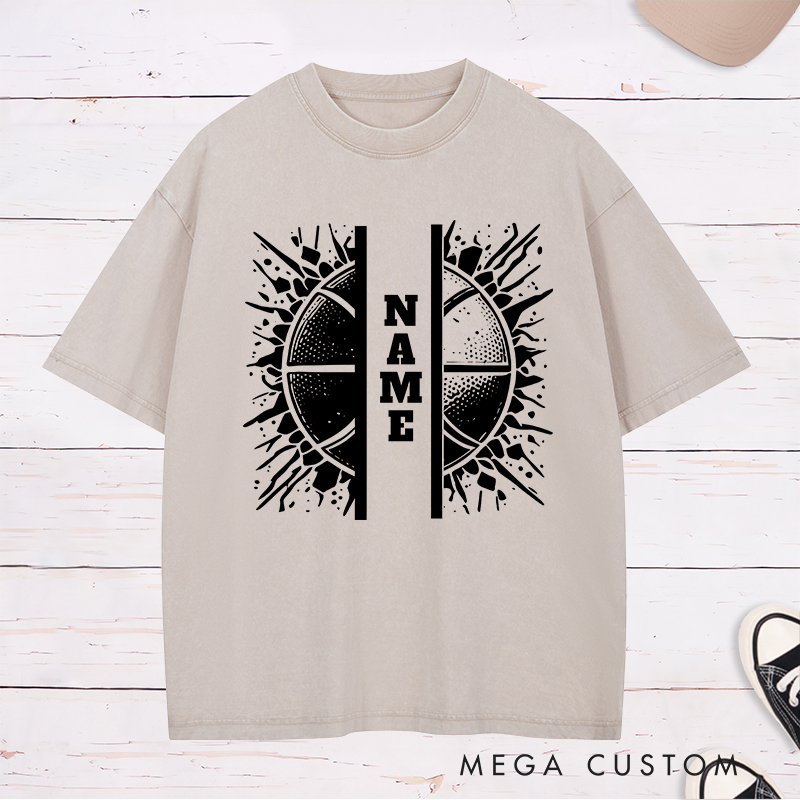Personalized Washed T-Shirt Design Featuring Split Basketball Graphic with Customizable Vertical Name