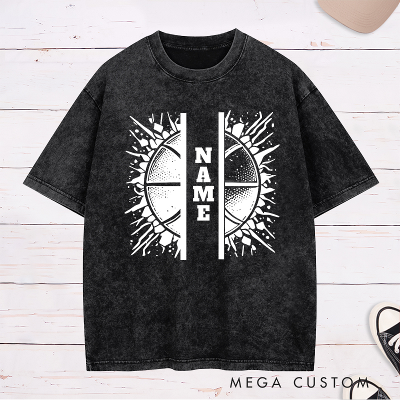 Personalized Washed T-Shirt Design Featuring Split Basketball Graphic with Customizable Vertical Name