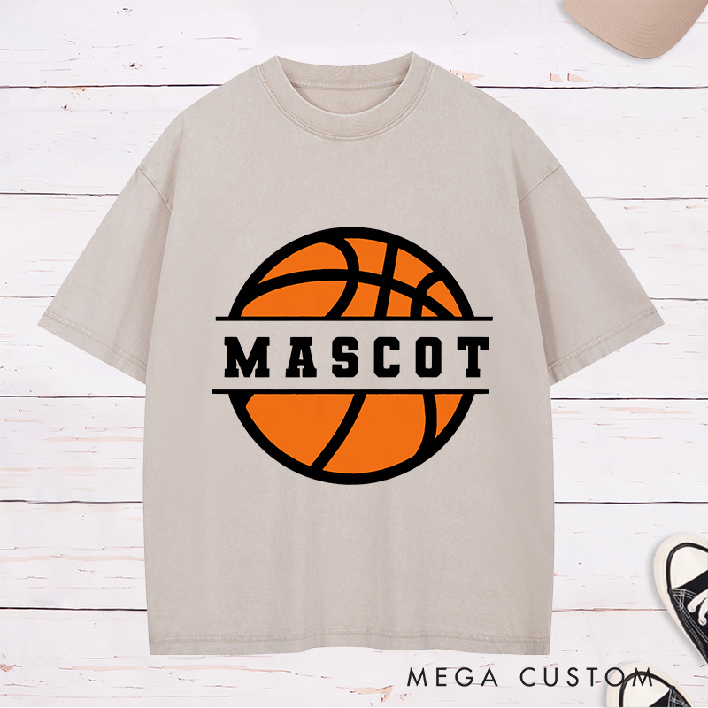 Personalized Washed T-Shirt Design Featuring Bold Basketball Graphic with Customizable Team Name in Center Band