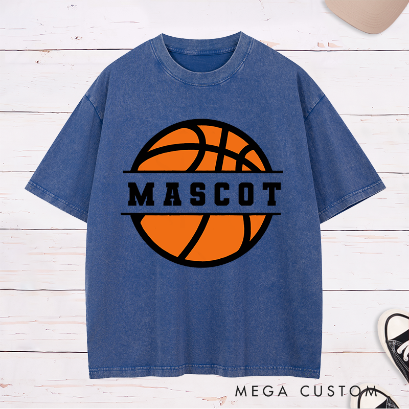 Personalized Washed T-Shirt Design Featuring Bold Basketball Graphic with Customizable Team Name in Center Band