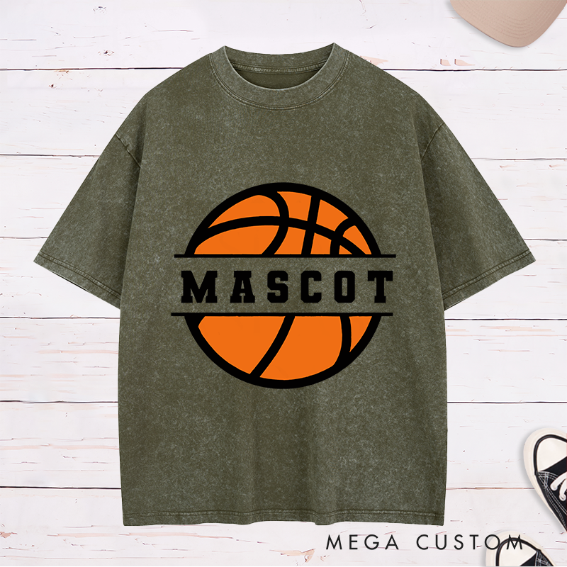 Personalized Washed T-Shirt Design Featuring Bold Basketball Graphic with Customizable Team Name in Center Band