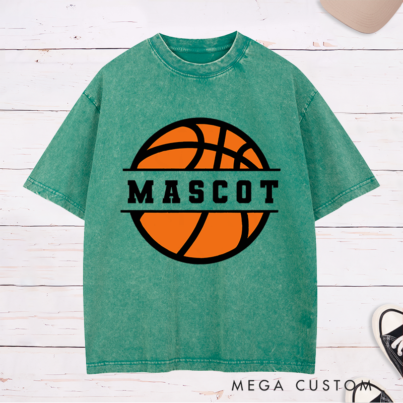 Personalized Washed T-Shirt Design Featuring Bold Basketball Graphic with Customizable Team Name in Center Band