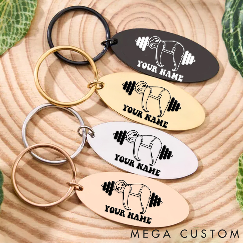Personalized Engraved Fitness Sloth Keychain with Custom Text for Special Gymnasium
